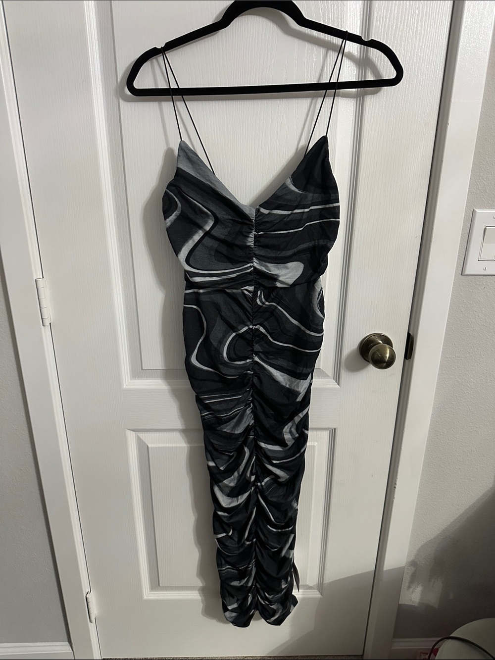 ASOS Black and Gray Marble Print Ruched Midi Dress